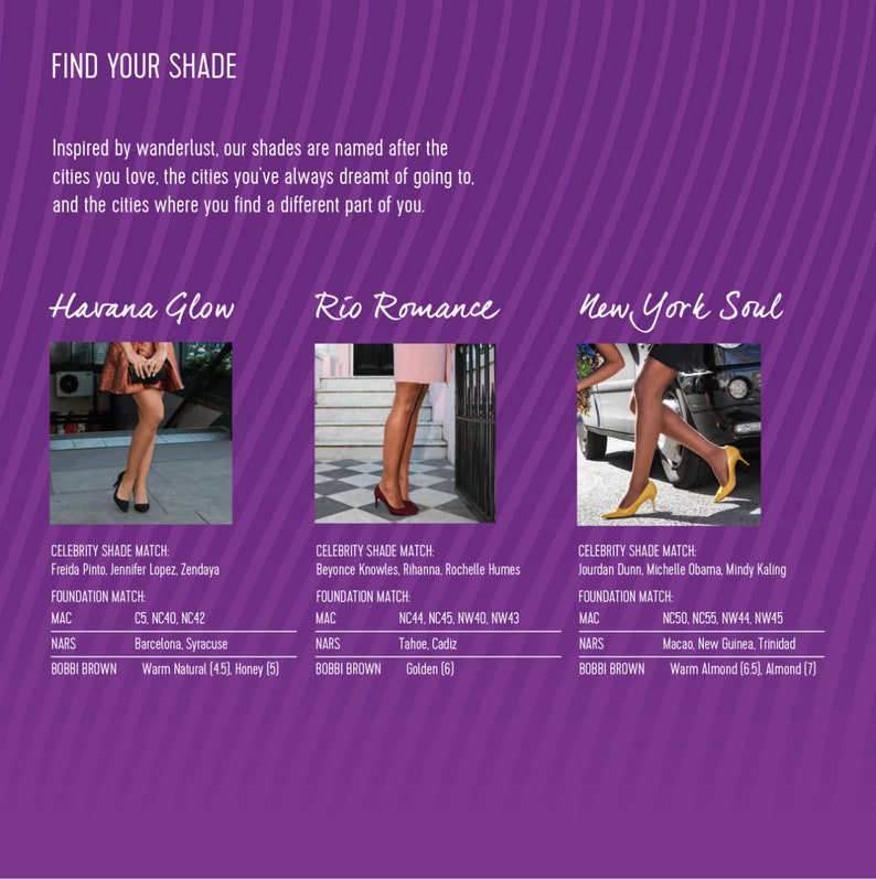 May include: A graphic showing three different shades of foundation makeup with celebrity shade matches and foundation matches listed for each shade. The shades are named "Havana Glow", "Rio Romance", and "New York Soul".