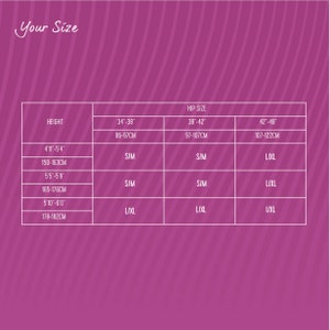 May include: Size chart for clothing with height in feet and inches and hip size in inches and centimeters.  The chart shows the corresponding size for each height and hip size.