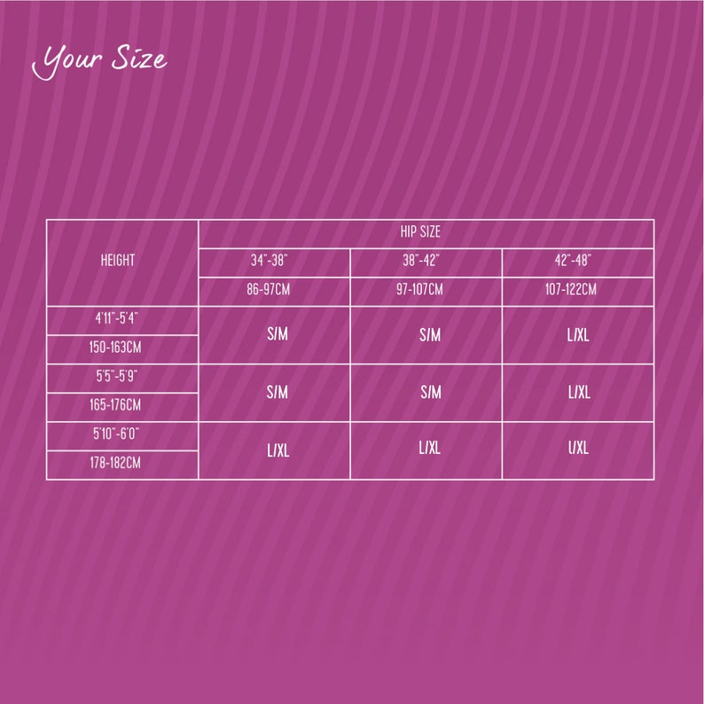 May include: Size chart for clothing with height in feet and inches and hip size in inches and centimeters.  The chart shows the corresponding size for each height and hip size.