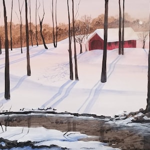 Winter&#39;s Warming Sun 20x16 Original acrylic painting by Ben Collins. FREE U.S. SHIPPING! farmhouse style barn in snow