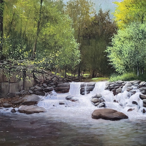 Spring Waterfall - 20x16 Original acrylic painting by Ben Collins. Free U.S. Shipping!