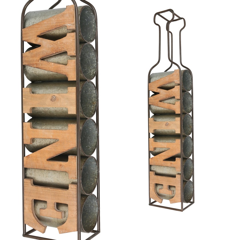 Stunning 6 Bottle Wall Mounted Wine Rack 60cm Tall Metal And Wood Retro Vintage Style Shaped Holder