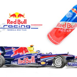 May include: A blue and red Formula One race car with the Red Bull Racing logo and the text "Red Bull" on the side. The car is on a white background with a can of Red Bull energy drink.