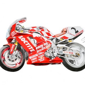 Puede incluir: Una motocicleta roja, blanca y negra con las palabras "Rock Oil Dunlop" y "Loctite" en el lateral. La motocicleta tiene un patrón de cuadros en el lateral y un número "2" en la parte trasera.