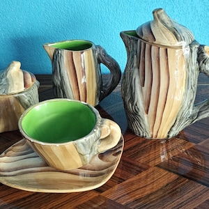 Service à thé Vallauris vert en faux bois par Grandjean-Jourdan