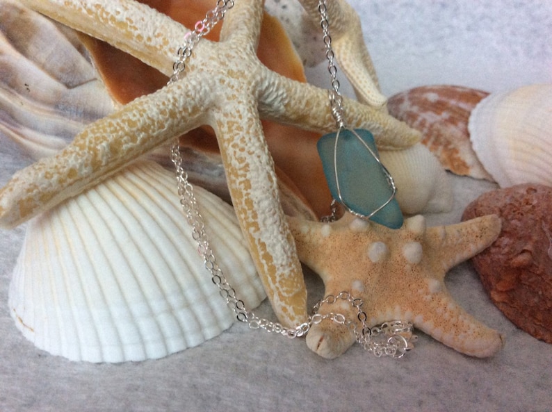Sea Foam Blue sea glass necklace with neck chain petite hand wire wrapped handcrafted surf tumbled sea glass