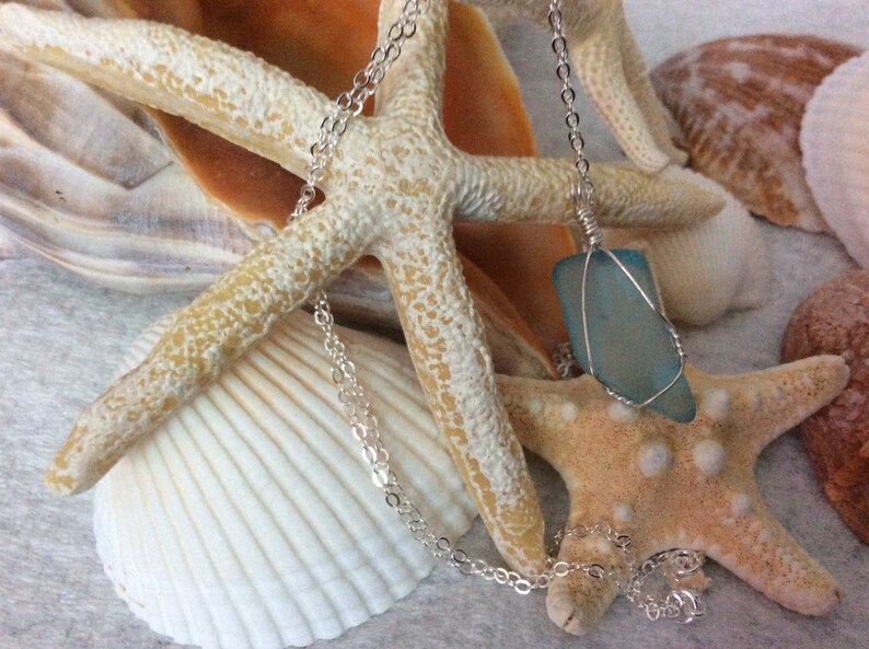 Sea Foam Blue sea glass necklace with neck chain petite hand wire wrapped handcrafted surf tumbled sea glass