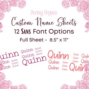 Full Sheet Custom Name Decals - Full Sheet Name Stickers - Single Sans Font Options