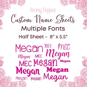 Half Sheet Custom Name Decals - Half Sheet Name Stickers - Multiple Fonts Option