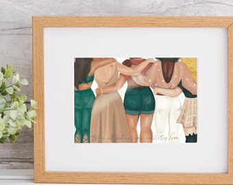 Puede incluir: Cinco mujeres de diferentes etnias se abrazan, con el texto "We're all just walking each other home." Las mujeres visten una variedad de atuendos, que incluyen un vestido verde, un vestido beige, una falda de mezclilla azul, pantalones blancos y una falda a cuadros.