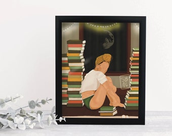 Puede incluir: Una ilustración digital de una persona sentada rodeada de pilas de libros. La persona lleva una camisa blanca, pantalones cortos verdes y una diadema amarilla. El fondo es azul oscuro con una luna y luces de cadena.