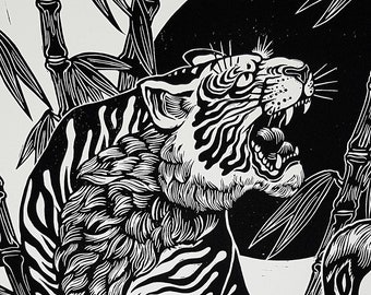 Tora. Japanese inspired tiger linocut print