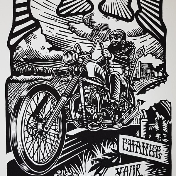 Road Lizard. Original Handmade linoleum print. Vintage Triumph motorcycle chopper. Harley Davidson FTW wall art. linocut/blockprint