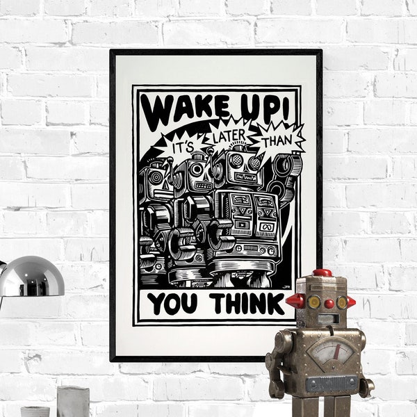 Bots. Robots linoleum print. Time to wake up!