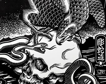 The Standoff. Japanese eagle and snake Linocut print.