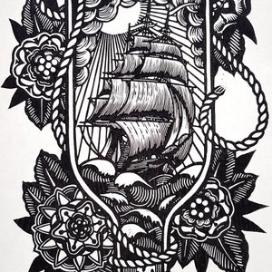 Homeward Bound. Original hand made linoleum print. Nautical tattoo themed hand carved linoprint wall art. blockprint.