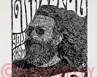 Grateful. Original Hand made linoleum print of Jerry Garcia, the Grateful Dead. linocut/ blockprint
