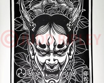Japanese Hanya mask original linocut hand made print