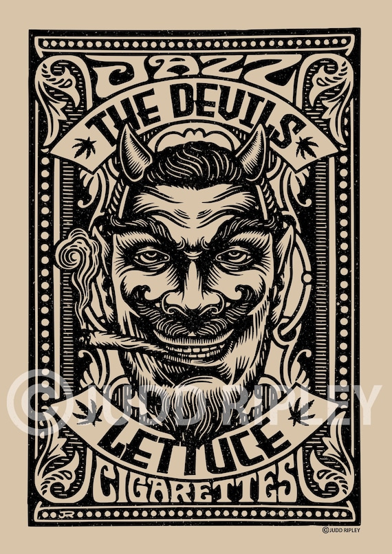 lettuce cigarettes The Devil's Lettuce Poster - Jazz Cigarettes Art - Funky Marijuana Decor  for Smokers