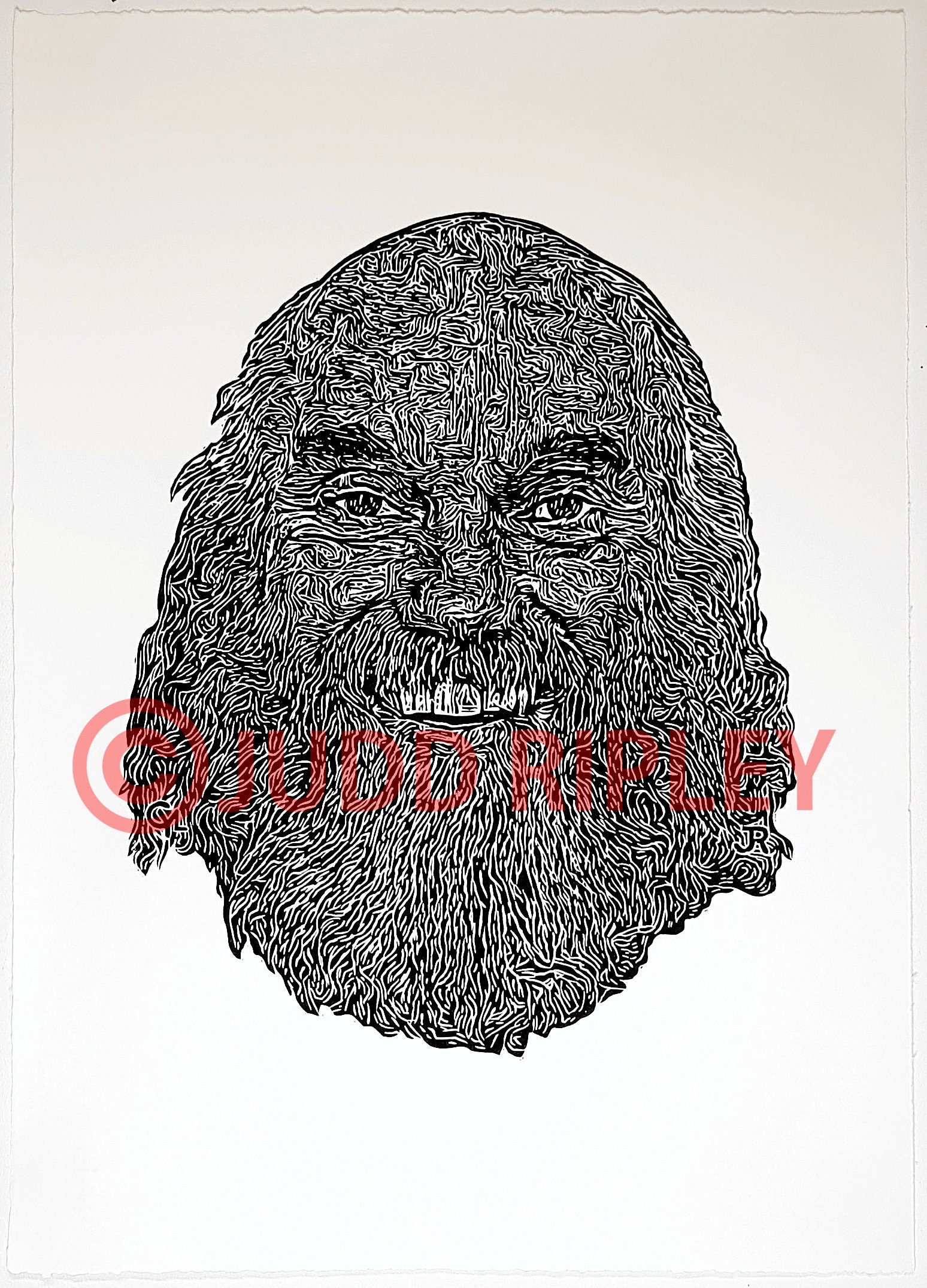 The Guru. Original Hand made linoleum print. Ram Dass, spiritual teacher hand carved linoprint/ blockprint