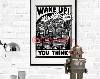 Bots. Robots linoleum print. Time to wake up!