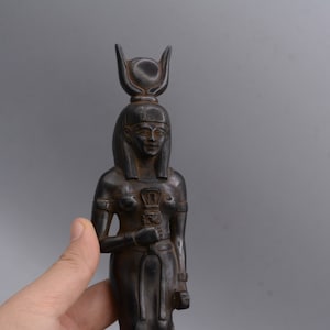 statue goddess Hathor holding a Sistrum black Standing Ancient god art Altar Decor made in Egypt