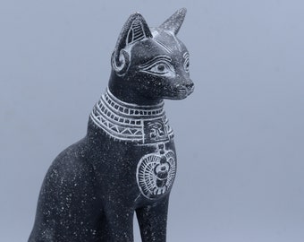 statue of Egyptian goddess Bastet cat Sculpture with front scarab, eye of Horus granite stone heavy (2 style) made in egypt