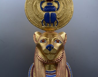 Goddess Sekhmet bust large Statue Gold and blue home decor with scarab sundisk unique Stunning Ancient Egyptian Altar Decor Crafted n Egypt