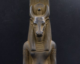 statue Montu god of war lord of Medamud, depicted with a bull’s head, large black 2 style made in Egypt