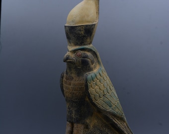 Estatua Horus Halcón pájaro con cabeza de Dios del Cielo arte único Escultura pintada de negro color grande piedra pesada hecha en Egipto