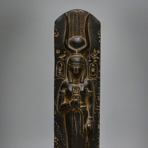 statue goddess Hathor holding a Sistrum Sculpture black heavy stone relief with unique hieroglyphic inscriptions made in Egypt.