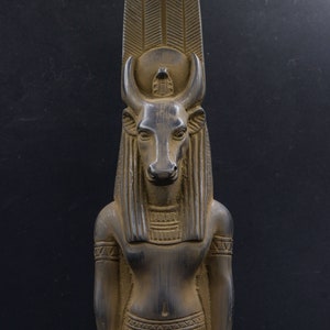 statue Montu god of war lord of Medamud, depicted with a bull’s head, large black 2 style made in Egypt