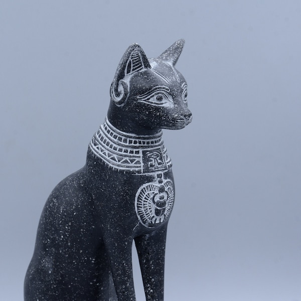 statue of Egyptian goddess Bastet cat Sculpture with front scarab, eye of Horus granite stone heavy (2 style) made in egypt