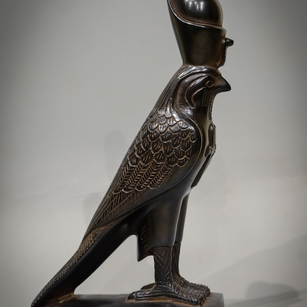 Statue Falcon bird Headed God Horus with ankh key of life black made in Egypt