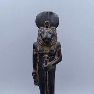 Statue of goddess Sekhmet black, gold Egyptian art Unique heavy stone made in Egypt