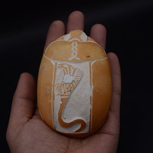 unique sacred scarab beetle Amulet brown vintage large Sculpture carved stone with Hieroglyphs ancient Egyptian art altar decor made n Egypt