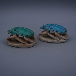 sacred scarab beetle Amulet blue, green Sculpture set of two unique carved stone vintage Egyptian art made in Egypt