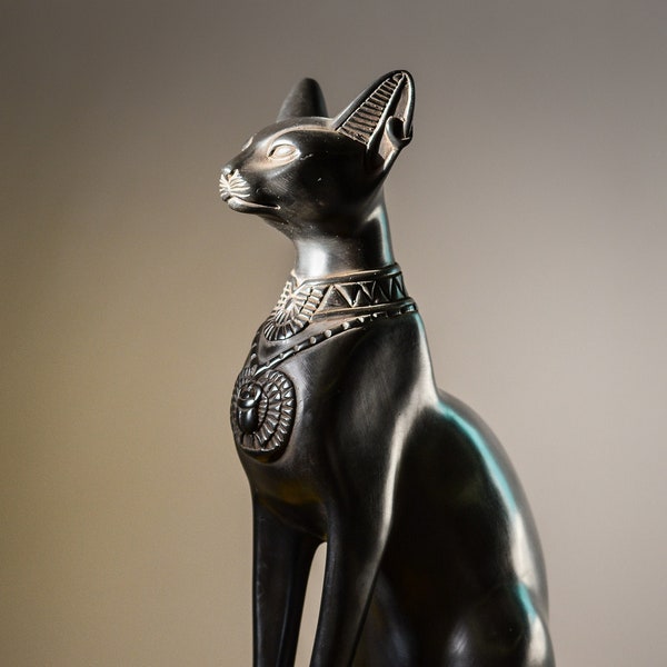 unique goddess Bastet cat large statue black with scarab on her chest, symbols hieroglyphic inscriptions around the base made in Egypt