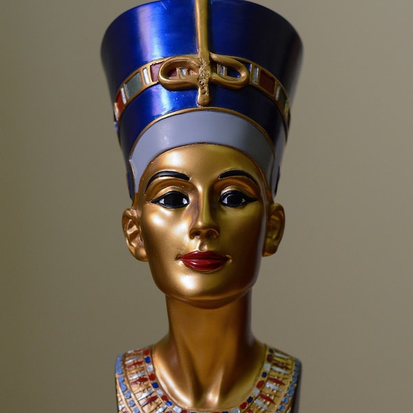 Statue d'art égyptienne Buste de la reine Néfertiti grand bleu doré peint à la main fabriqué en Egypte