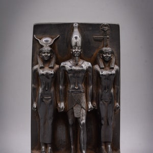 Triad of King Menkaure Pharaoh, stands between the goddess Hathor and his wife Sculpture black made in egypt