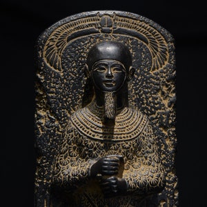 Unique statue Ptah god of Memphis Sculpture relief winged scarab on top, large inscriptions hieroglyphic black heavy stone made in egypt
