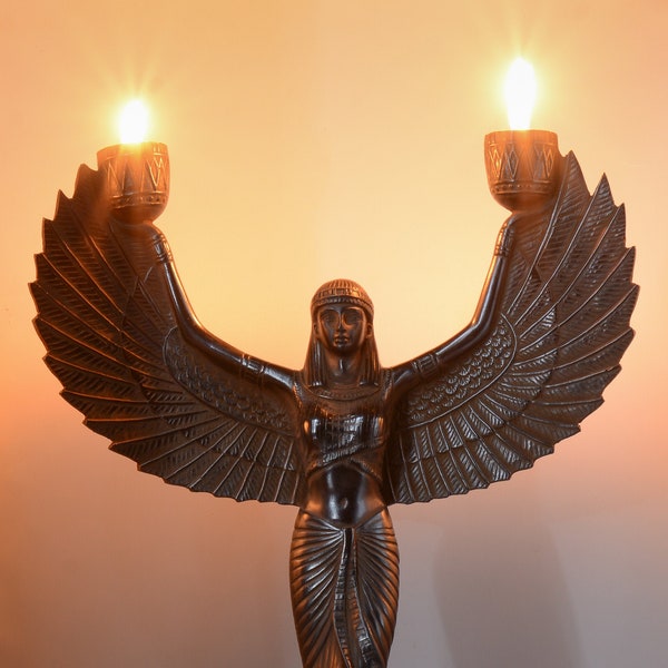 statue goddess Isis Wings candlestick holder Large black ancient Egypt altar made in Egypt