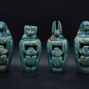 vintage Egyptian art sons of Horus Set of 4 canopic jars scarab carved faience stone glazed made in egypt