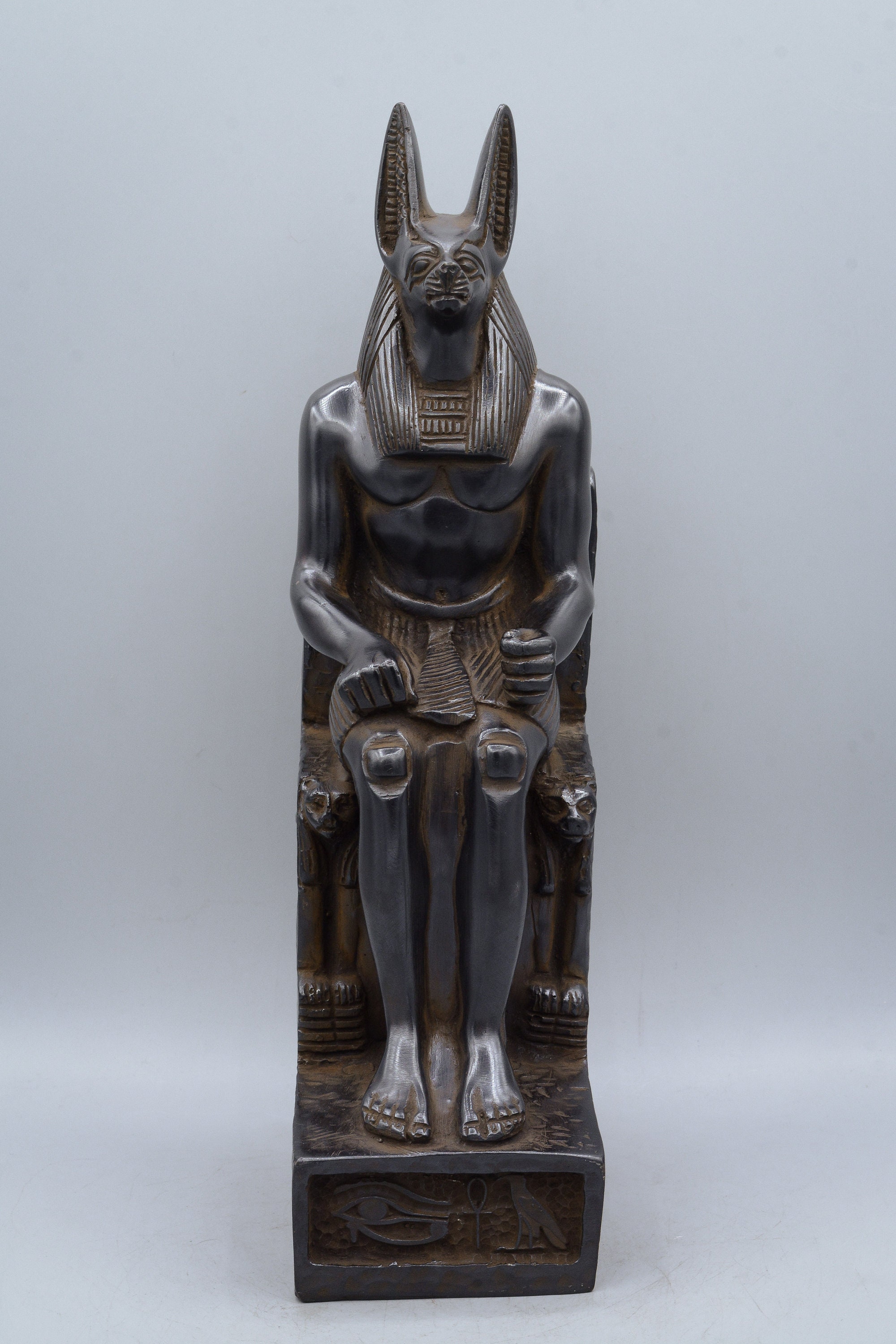 石仏 箱入り antique 神像 Statue of Egyptian God Anubis Seated Heavy Black Solid Stone