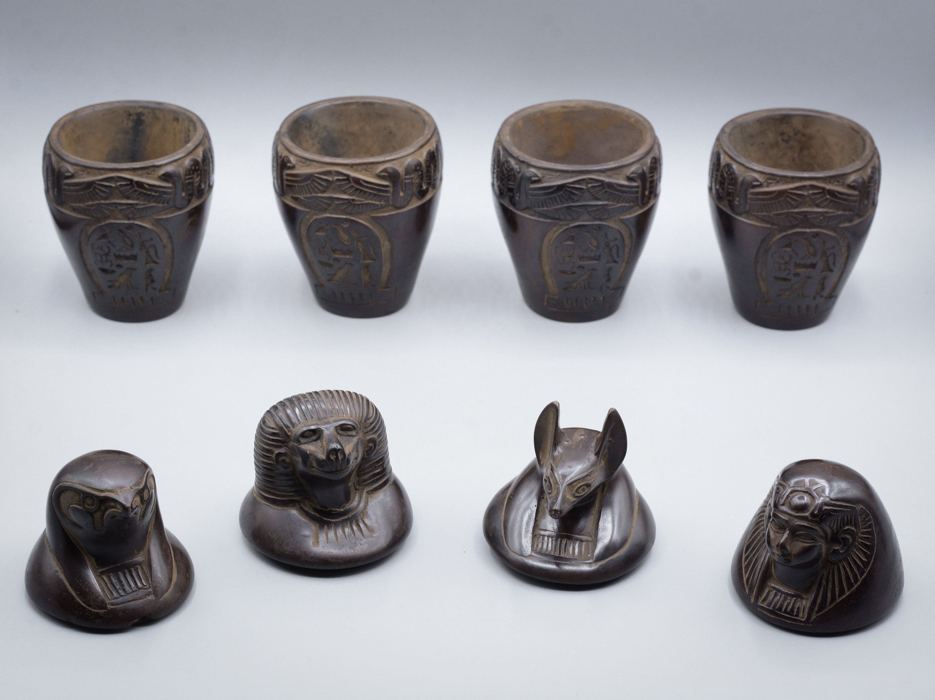 エジプト美術 カノプス壺 ホルスの息子たち 4 個セット ダーク エジプト美術 カノプス壺 ホルスの息子たち 4 個セット ダーク