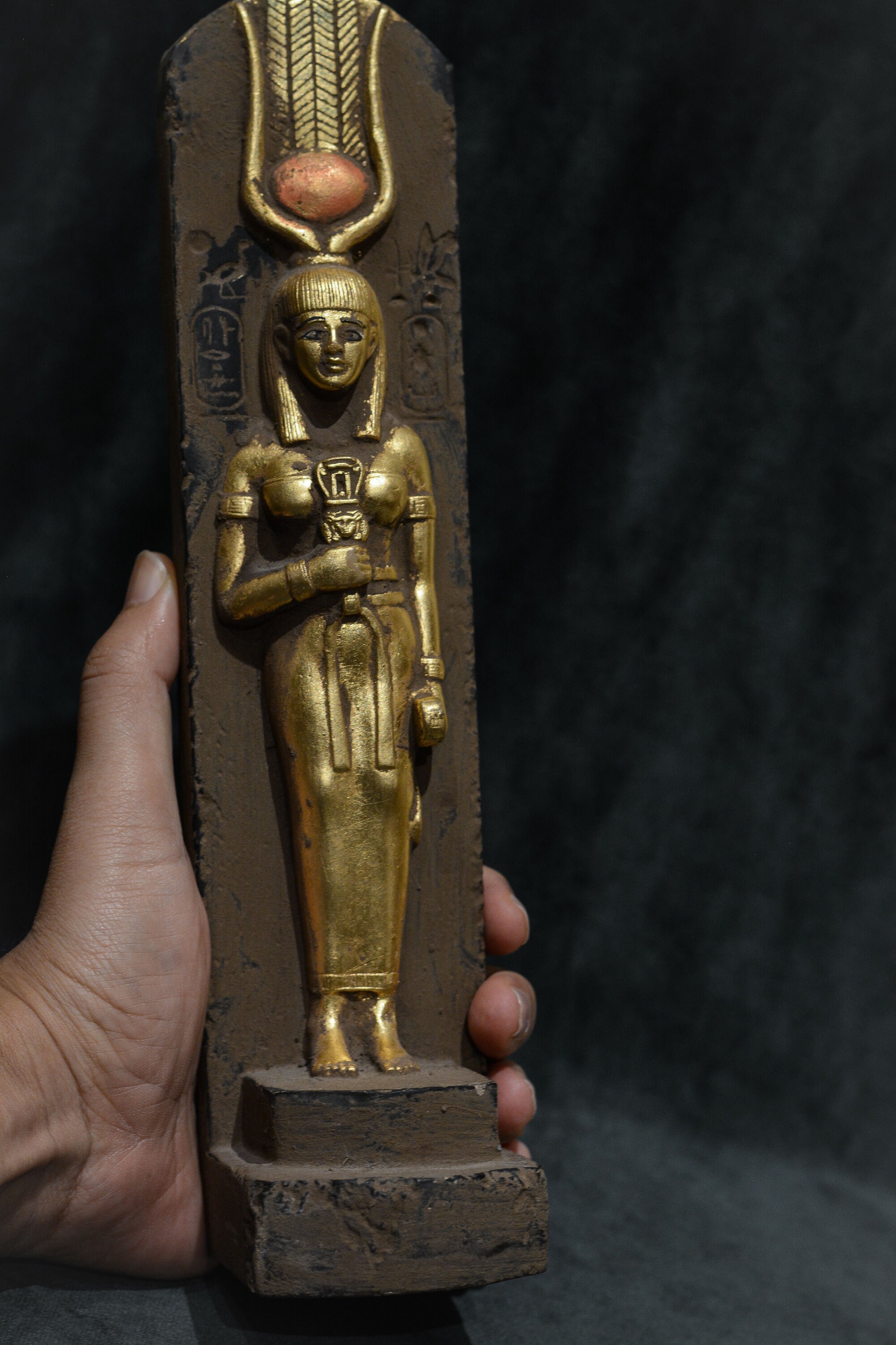 Statue Goddess Hathor Holding a Sistrum Sculpture Stone Gold Leaf ...