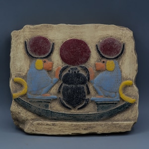 Relief panel two baboons offering the wedjat eye to the sun god Khepri, Unique Sculpture painted heavy stone made in egypt