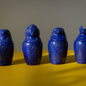 Unique Canopic jars organs small blue with a golden touch, Set four Egyptian Art made in Egypt