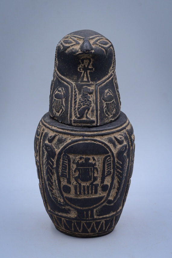 Canopic Jars Black Stone Sculpture Sons of Horus Unique Set Four