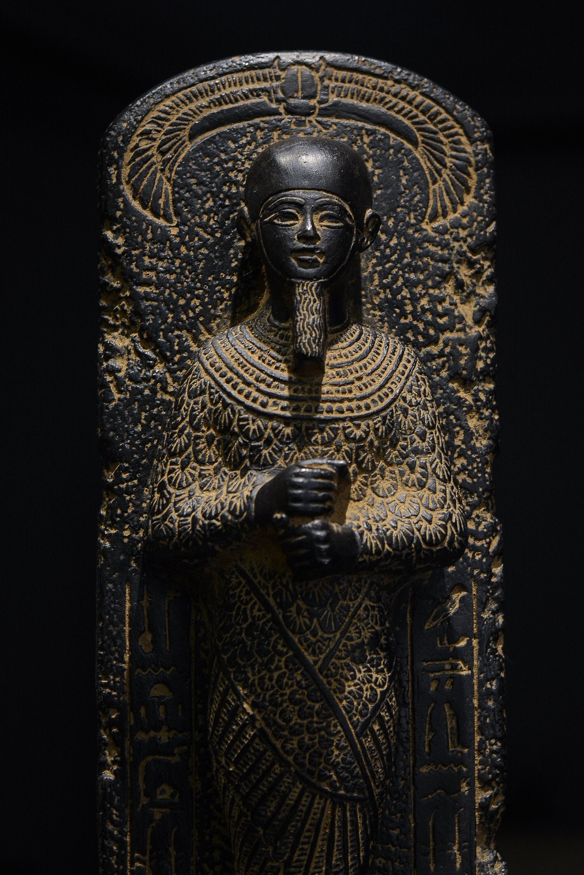 Unique statue Ptah god of Memphis Sculpture relief winged scarab on top, large inscriptions hieroglyphic black heavy stone made in egypt